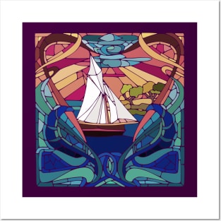 Stain Glass Sailboat Design Posters and Art